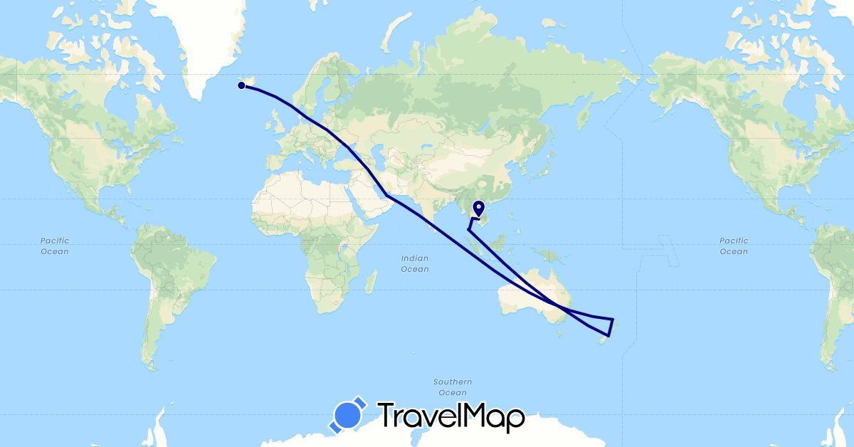 TravelMap itinerary: driving in United Arab Emirates, Australia, Denmark, Iceland, Cambodia, New Zealand, Thailand (Asia, Europe, Oceania)